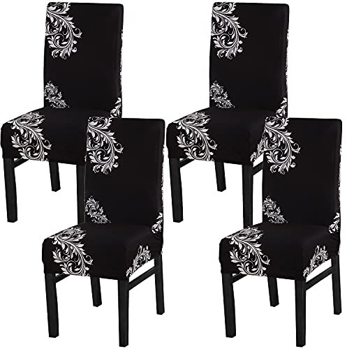 Xundefeng StuhlHussen 4er Set Schwarz Weiße Flügel Blume Hoher Rückenlehne Schwingstuhl Esszimmerstuhl Freischwinger Esszimmer Stuhl Hussen Stretch Elasthan Schonbezüge Schutzhülle