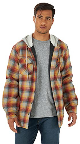 Wrangler Authentics Men's Long Sleeve Quilted Lined Flannel Shirt Jacket with Hood, Pale Gold, XXL