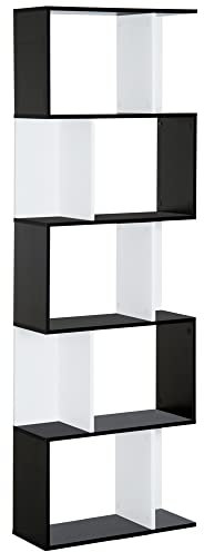 HOMCOM Bücherregal S-förmig Ausstellungsregal Standregal 5-stöckiger moderner Raumteiler Spanplatte Schwarz 60 x 24 x 184,5 cm
