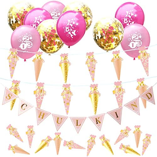 Oblique Unique® Einschulung Deko Set Mädchen – XXL Schuleinführung Deko in Rosa & Gold mit Zuckertüten-Girlande, Schulkind-Wimpelgirlande, Luftballons & Zuckertüten Konfetti – Schulanfang Party