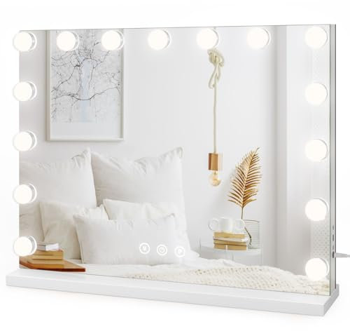 Dripex Miroir Maquillage Hollywood - 15 Ampoules LED, Miroir Coiffeuse Lumineux 3 Modes, Luminosité Réglable, Contrôle Tactile, Port USB, Miroir sur Table/sur Mur 58 x 45cm - Blanc