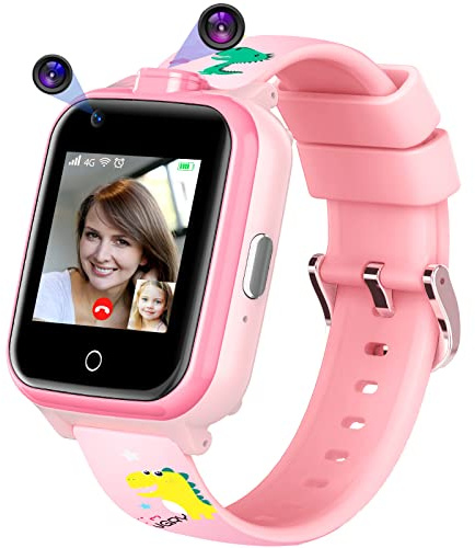 Mingfuxin 4G Kinder-Smartwatch, Wasserdichtes Smartwatch-Telefon mit Dual-Kamera, Kinder-GPS-Tracker mit WiFi-Videotelefonanruf SOS für Mädchen Jungen 3-14 Geburtstagsgeschenke (Rosa)