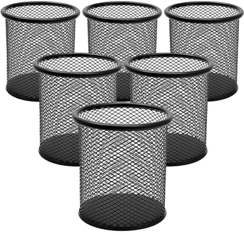DIFIT 6 PCS Pot a Crayon en Métal, Pot Crayon Rond en Métal, Mesh Multifonction Pot à Crayon, Porte Stylo, Organisation du Bureau et de la Maison, Noir