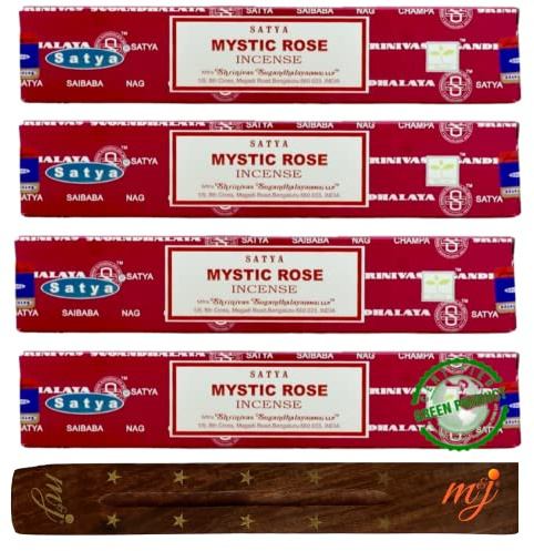Original Satya Nag Champa Mystic Rose Incense Sticks | with M&J incense sticks holder | x4 pack | for Aromatherapy, Spa, Yoga, Weddings, Meditation, Healing, Positivity and Relaxation