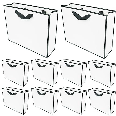 PACK4YA Papier-Geschenktüten mit Schleifenband, Geschenktüte mit Henkel für Geburtstag, Hochzeit, Weihnachtsfeier, Einkaufen, Babyparty 27x8x21 cm (Weiß, schwarzer Rahmen, 10 Stück)