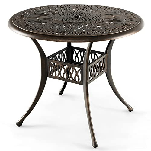 GOPLUS Table de Bistrot en Aluminium avec Trou pour Parasol de 5 CM, Table de Jardin Ronde avec Patins Réglables, Style Rétro, Convient pour Terrasse, Balcon, Piscine, Ø 90 X 74 CM