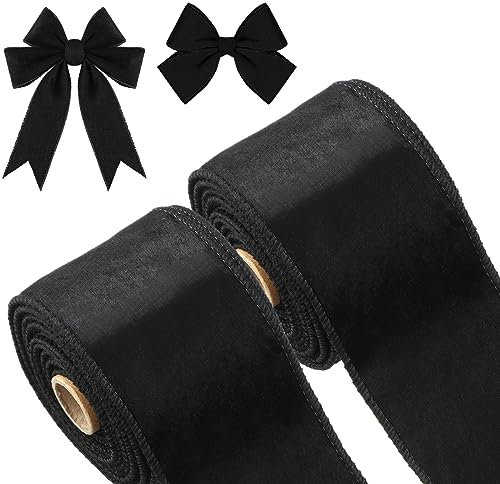 2 Rollen 2,5 Zoll 10 Yards Weihnachten Geschenkbänder Einseitige Samtbänder Einfache Samt Schleifenbänder für Geschenk Verpackung Basteln Weihnachtsbaum Kranz Weihnachtsdeko (Schwarz)