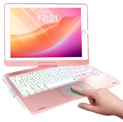 Baisla iPad 9th Generation Case with Keyboard 10.2 (2021), 360° Rotatable with Trackpad & Rainbow Backlit, iPad Keyboard case for 9th/8th/7th, iPad Air 3, iPad Pro 10.5 (Rose Gold)