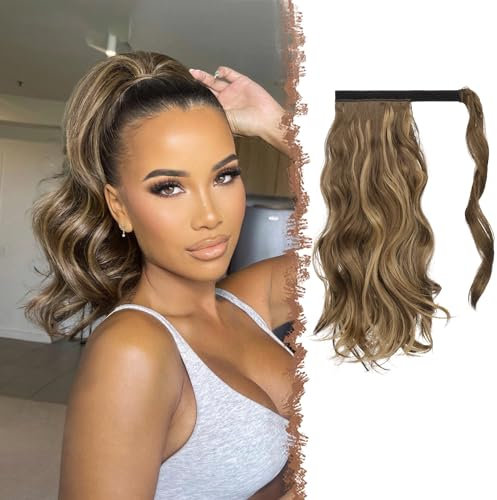 FESHFEN Wellen Pferdeschwanz Haarteil 35 cm Natürlich Lockig Pferdeschwanz Verlängerung Zopf Synthetik Haarverlängerung Ponytail Haare Extension für Damen, Honigblond gemischt mit Hellbraun