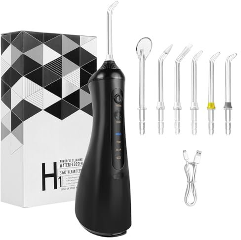 Munddusche Kabellos, 5 Reinigungsmodi, 6 Düsen, 320ml kabellose Wasserflosser für Zähne, 1400mAh Batterie für 20 Tage Gebrauch, IPX6 wasserdicht