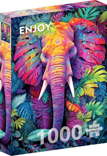 1000 Pieces Jigsaw Puzzle – Matte Finish, Soft Touch, Sturdy and Unique Pieces, Tight Fit, Vivid Colors, Missing Pieces Service – Hidden Elephant in Colorful Camouflage Wild Forest – by ENJOY Puzzle
