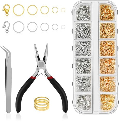GlasFlength Biegeringe für Schmuckherstellung, 1443 Stück Golden Silber Biegeringe Verschlüsse Metall Offene Ringe mit Schmuckzange Pinzette Biegeringe Öffner für DIY Armbänder Halsketten Handwerk