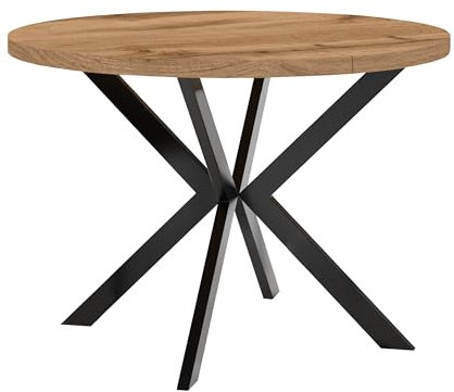 Dekori Möbel Runder Ausziehbarer Tisch für Esszimmer, ENDO mit Metallbeinen, Loft-Stil, Industriel, Durchmesser Varianten von : 90 bis 220 cm (Eiche Wotan/Schwarz, 90/190)