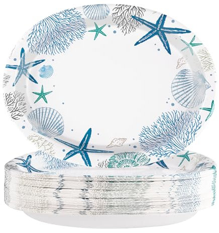 50Pcs Ocean Oval Paper Plates 10 x 12 Large Disposable Heavy Duty Blue Coastal Coral Starfish Seashell Paper Platters Beach Sea Dessert Plates for Spring Summer Lunch Dinner Birthday Party Supplies