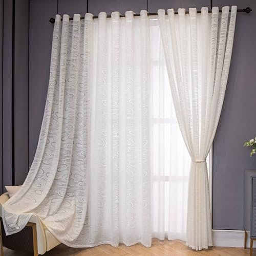 Wycian Scheibengardinen Küche Gardinen Weiss Voile 2er Pack Einfarbig Transparent mit Wellenmuster H244 x B102 cm (2er Pack) Baumwolle