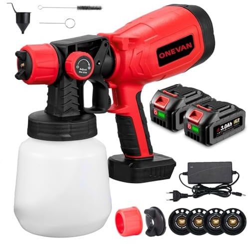 ONEVAN verniciatore a spruzzo a batteria, 900 ml pistola per verniciare con 2 batterie da 3000 mAh, portata 550 ml/min, elettrica pistola a spruzzo per pittura murale incl. 4 ugello
