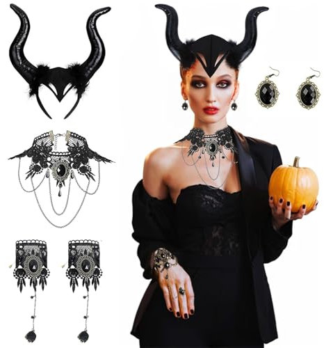 Scinzene 4 Pcs Accessoire-Set mit Hörner Kopfschmuck, Schmucksteinohrringen, schwarzer Spitzenhalskette und Handkette, Gothic Kostüm Halloween Damen