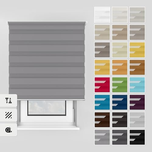 Estika Doppelrollo mit Bohren 60x220 cm Farbe: Grau, Rollo Deckenmontage und Wandmontage Fenster rollos für innen, Jalousien Fenster, Tür Rollo