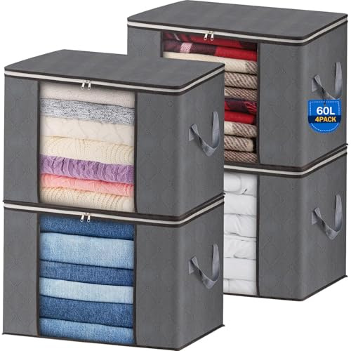 AIOR 4 Stück 60L Groß Aufbewahrungstasche, Faltbare Unterbett Kleideraufbewahrung Schrank Organizer Set, für Bettwäsche, Kleidung, Decken, Kissen Quilt Saison Artikel Lagerung, 55x35x32cm