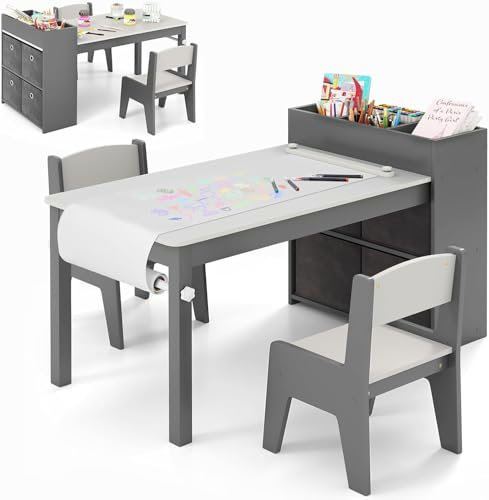 COSTWAY Kids Art Table and Chairs Set, Wooden Toddler Drawing Table with Paper Roll, 4 Fabric Bins, Multiple Storage Compartments, Children Crafts Activity Furniture for Boys Girls (Grey+White)