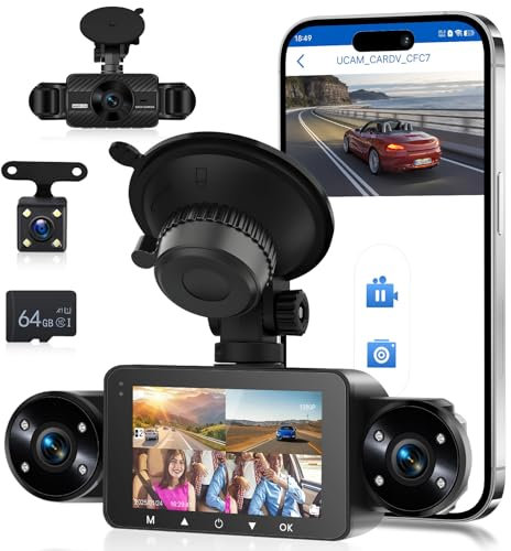 Hodozzy 1080P 4 Canales Dashcam, 360° Cámara de Coche Delantera y Trasera Interior con Grabación en Bucle, Visión Nocturna, Sensor G, Modo Aparcamiento, Compensación de Exposición TF 64 G y Cámara