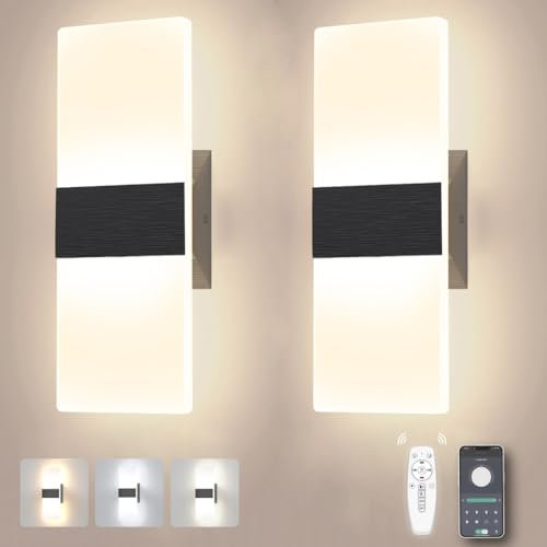Sytmhoe 2 Stück Schwarze Wandlichter Dimmbar 12W 960LM Wohnzimmer Schlafzimmer Flur Moderne Led Wandleuchte Mit Fernbedienung, 3000K 4000K 6500K Acryl Aluminium Gebürstet Küche Innen Wandlampe