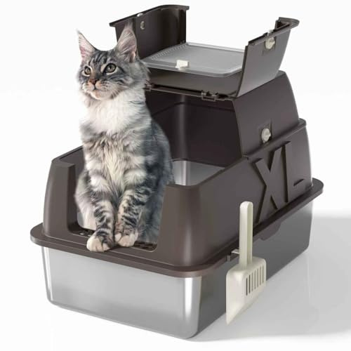 Stainless Steel Cat Litter Box, Extra Large Litter Box for Big Cats XL Metal Litter Pan Tray with High Wall Sides Enclosure, Non-Sticky, Anti-Leakage (Coffee, 24L x 16W x 18H)