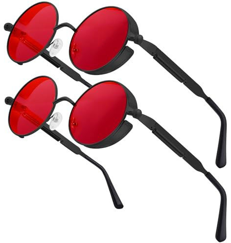 Chritice 2 Stück Steampunk Brille Retro Sonnenbrille Herren Rund Retro Sonnenbrille Rund Vintage Sonnenbrillen Herren Polarisiert UV400 Schutz Sunglasses Men Sonnenbrillen Damen Runde Rot Gläser