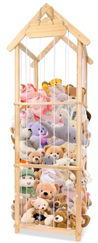 Wooden Stuffed Animal Storage Organiser – DIY Plush Toy Zoo Cage with White Elastic Bands, Large Wooden Toy Holder for Kids Bedroom Nursery Playroom, Christmas & Birthday Gift