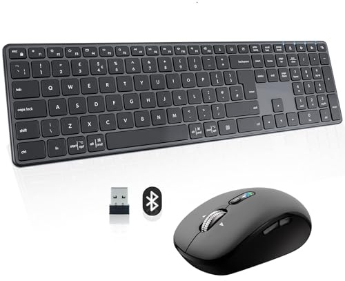 Bnnwa M9250 Wireless Bluetooth Keyboard Mouse Combo, Connect 3 Decives（USB-A+BT*2）,UK layout Full-size Silent Wireless Keyboard and Ergonomic Mouse Set for Windows, Android, Computer Desktop PC Laptop