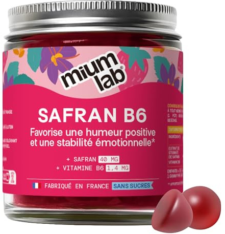 Mium Lab - Gummies Safran Hautement dosé (40mg) et Vit B6 sans sucres - Enfants et Adultes - Formule exclusive - Programme 3 à 6 semaines - Saveur Fraise - Fabriqué en France