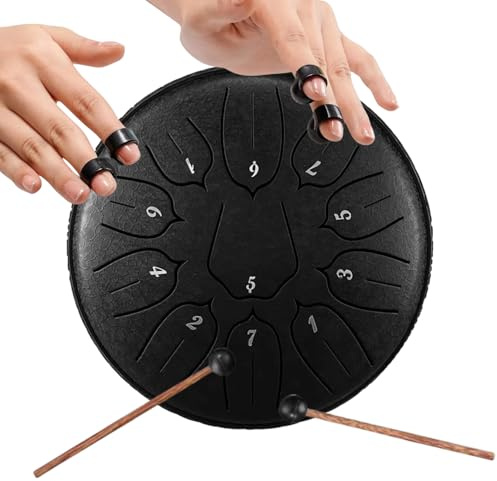 Zungentrommel Steel Tongue Drum Satz, 6 Zoll 11 Tone D-Dur Tongue Drum, Stahlzungentrommel Handpan Steel Drum mit Trommeltasche für Meditation, Klangheilung (Schwarz)