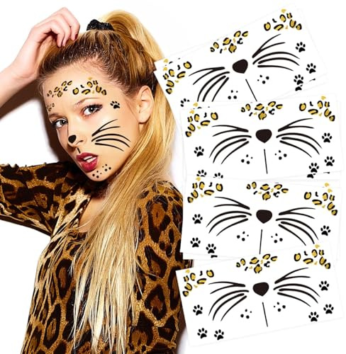 Leoparden Face Art Sticker, 6 Stück Leopard Gesichtstattoo Aufkleber, Selbstklebendes Temporäre Tattoo Set, für Karneval Halloween Party Make-up (C)