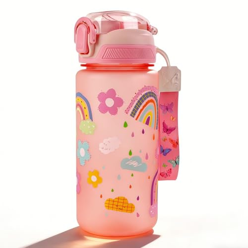 MHwan Botella Agua Niños, 600 Ml, Robusta, a Prueba de Fugas, Sin BPA | con Apertura de un Solo Toque, Fácil de Limpiar, con Pajita, Ideal para La Colegio y el Exterior (Arcoíris)
