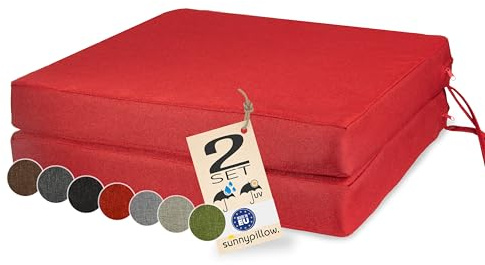sunnypillow 2er Set Stuhlkissen 40x40cm wasserdicht UV-lichtecht, Rot | Outdoor Polsterauflage mit Bändern, Auflage für Stühle,Bänke, Sitzkissen Stuhlauflage für Haus und Garten, 7cm dick