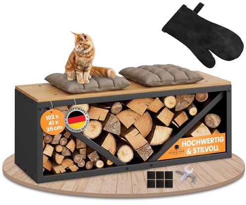 BLACK OAK Kaminholz Regal OHIO mit Lederhandschuh 102x41x35cm schwarz 400kg | Sitzbank für Brennholz Kaminholzregal für innen modern stabil - Metall pulverbeschichtet rostfrei Kaminholz-Sitzbank Holz