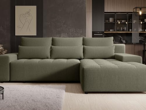 GRAINGOLD Vento Ecksofa mit Schlaffunktion und Bettfunktion, 280x184 cm, L-Form Sofa, Schlafcouch für Wohnzimmer, Geflechtstoff, 3-Sitzer Eckcouch, Ecksofa mit Stauraum (Dunkelgrün)
