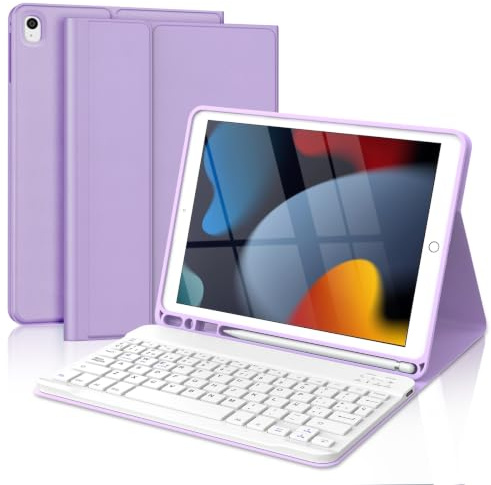 Funda Teclado para iPad 9/8/7 Generación 10,2/Air 3 10,5/Pro 10,5” | QWERTY Español Ñ, Magnético Desmontable Bluetooth Teclado, Funda con Portalápices, para iPad 10,2 2021/2020/2019(Lila Claro)