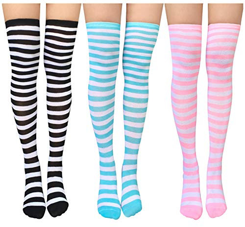 3Paia Calze sopra Ginocchio Calze Donna Lunghe, Calzettoni Donna, Calze Alte Cotone di Coscia Retro per Ragazze Strisce Sottili Taglia Unica