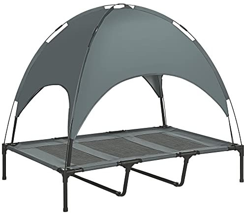 PawHut Lit chien sureleve avec parasol, lit de camp chien chat sur pieds tissu Oxford respirant, anti-UV cadre en métal sac de transport inclus couchage extérieur pour chat 122 x 92 x 108 cm gris noir