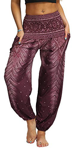 Nuofengkudu Damen Hippie Yogahosen Haremshosen mit Taschen Leichte Boho Muster Bunt High Waist Pumphose Sommer Lockere Strandhose (Braun B,One Size)