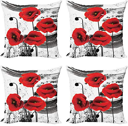 ABAKUHAUS Mohn Dekokissen Kissenbezug 4er Pack, Grunge Pinsel Blumen, Modern Accent Doppelseitiger Digitaldruck, 40 x 40 cm, Vermilion Grau