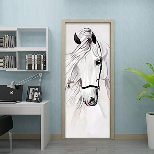 YMYGO Sticker Porte Effet 3D Art Abstrait Animal Cheval Blanc Stickers Porte Poster 3D Papier Peint Porte Trompe l'oeil pour Salon Chambre Décoration De La Maison Stickers Muraux Imperméable 77x200cm