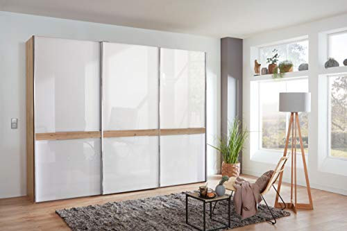 WIEMANN Rialto Kleiderschrank, Schwebetürenschrank, Schlafzimmerschrank, mit Schiebetüren, Breite 300 cm, Bianco Eiche, Glas weiß, Holz, B/H/T 300 x 217 x 67 cm