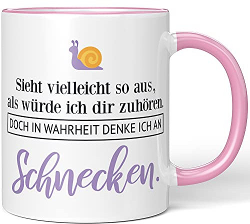 JUNIWORDS Tasse, Rosa, Keramik, Rund, 330 ml, Sieht vielleicht so aus, als würde ich dir zuhören. Doch in Wahrheit denke ich an Schnecken (1001511)