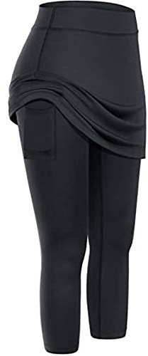 Hunpta Damen Leggings Hohe Taille mit Rock und Tasche Lange Trainingshose mit Bauchkontrolle Skinny Fit Push Up Sporthose Shape Sportleggins für Lauf Yoga Fitness