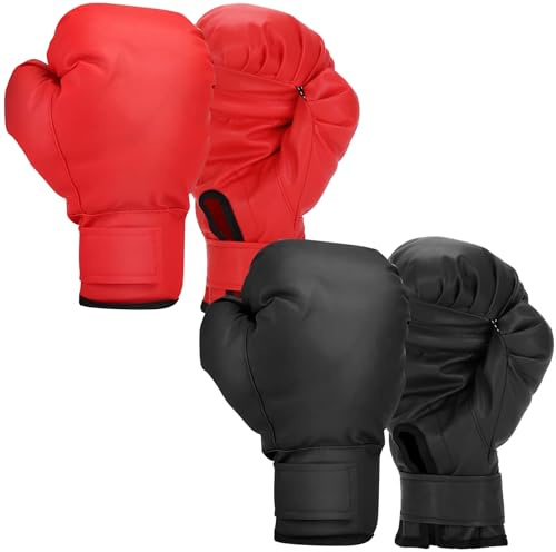 Ftabernam Boxing Gloves, 2 Pairs Boxing Gloves for Beginners and Children, Training & Sparring Kick Boxing Glove Training Glove Set Punching Bag Mitts, Black+Red
