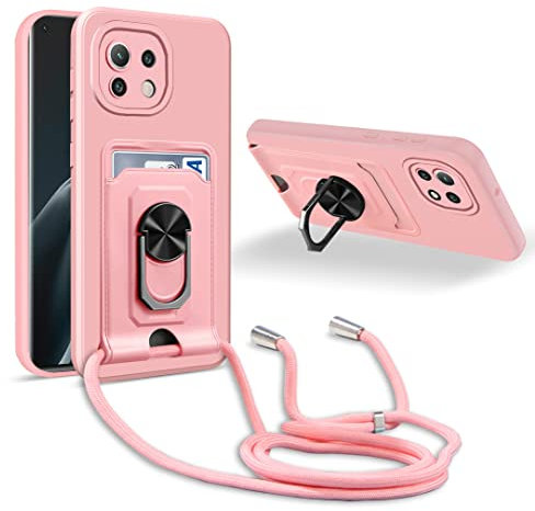 JMstore Handykette Schutzhülle Kompatibel mit Xiaomi Mi 11 5G,360° Ring Ständer magnetisches Eisenblech+Kartenfach Kameraschutz Stoßfester Silikon hülle-Pink