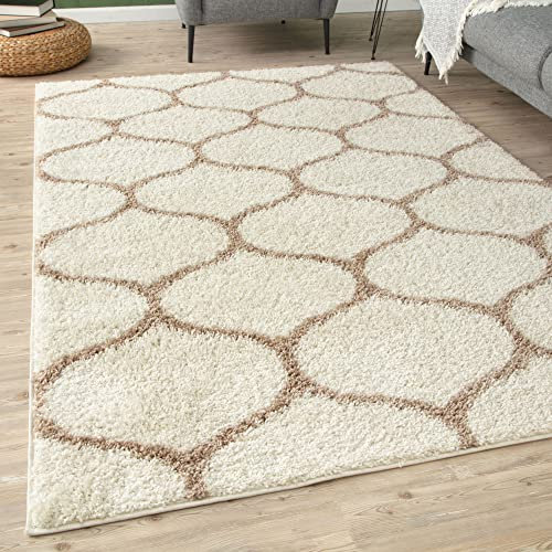 THE RUGS Shaggy Rug – Modern Moroccan Design Rugs for Living Room, Bedroom, Hallway, 3 cm Thick Area Rugs, (Trellis Ivory/Beige, 80x300cm)