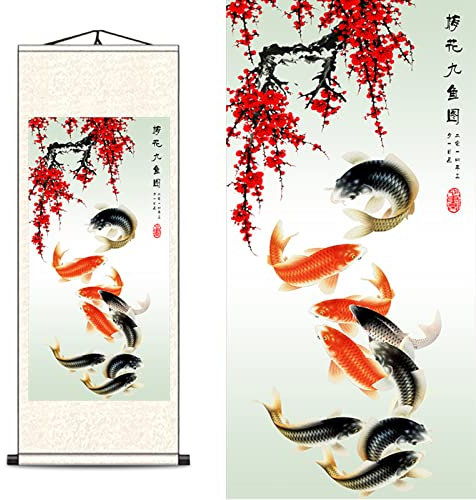 FOVNOT Asiatische Wanddeko, Chinesisch Wall Art Seide Schriftrolle Wandbehang Orientalisch Neun Fisch Deko Wohnzimmer Japanese Malerei Deko Schlafzimmer Wand Schriftrolle Gemälde